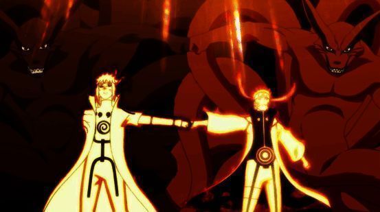 水门开启九尾查克拉模式与鸣人并肩作战的画面