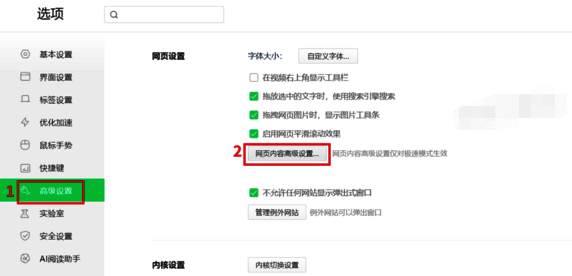 360 浏览器高级设置页面图片