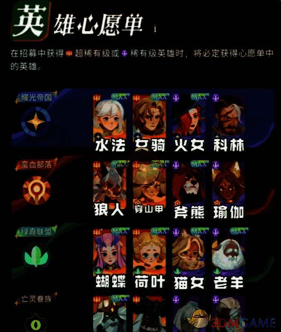 剑与远征启程备选心愿单部分英雄展示图