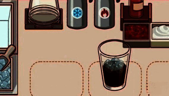 游戏中向放有冰块的杯子倒入浓缩咖啡画面