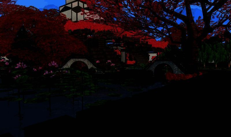 林荫小径及一侧湖面荷花图