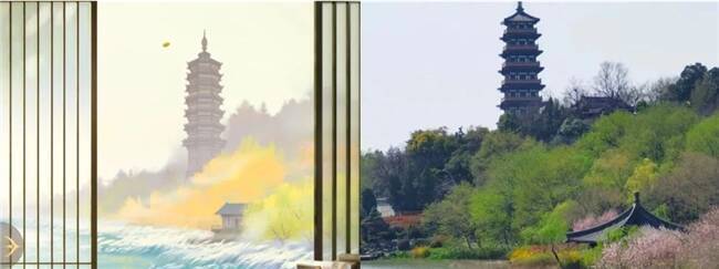 游戏界面内场景与现实中扬州大明寺栖灵塔场景对比