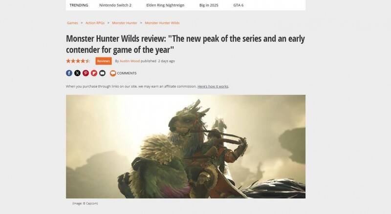 GamesRadar对《怪物猎人：荒野》评价相关图片