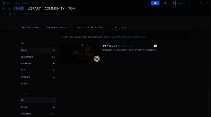 Steam平台搜索Valve即将发布游戏的页面图片