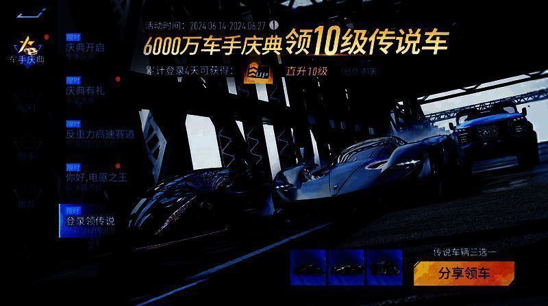 《王牌竞速》分享领车活动界面