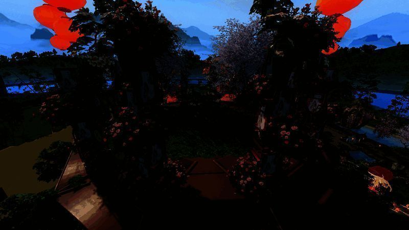 浮岛露台景观，有小木桌和花木