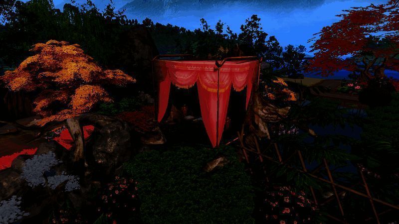 另一处浮岛景观，木架、白樱树和草坪