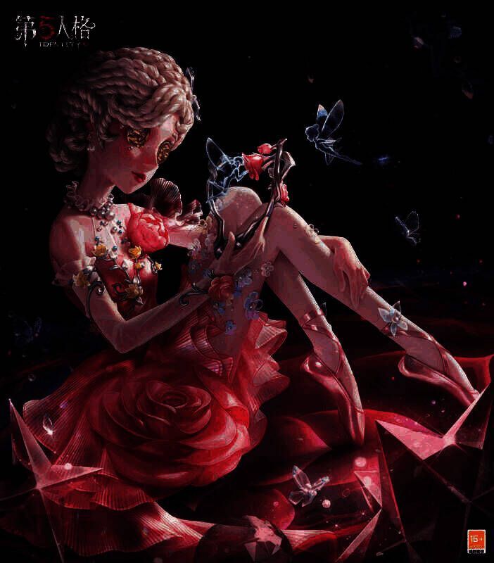 舞女 - 西尔菲德时装海报，她身着粉色舞裙坐在黑暗中，周围有玫瑰涟漪和水晶装饰