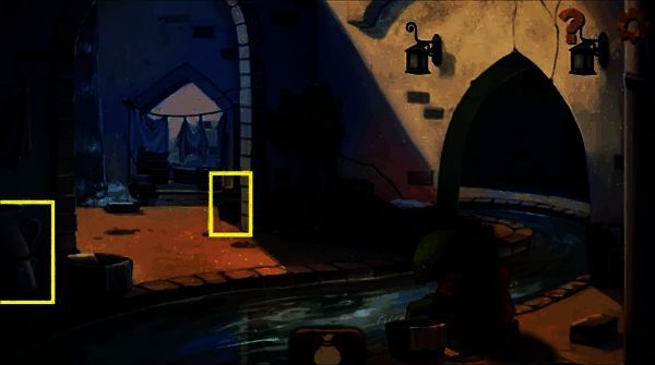 喷泉右方鳄鱼妈妈处左上方花瓶与右上角墙角图片