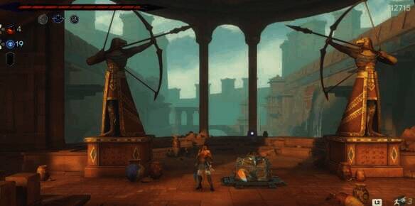 玩家站在两尊雕像中间