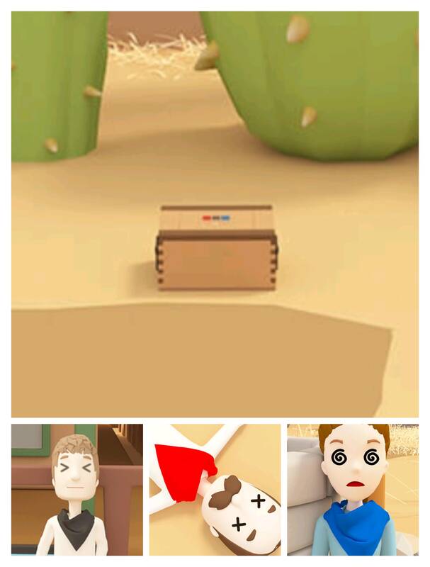 三个晕倒的人及第三个场景仙人掌前方箱子