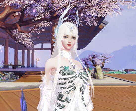 雪发武运女脸模搭配时装在伏羲村的另一视角少女图