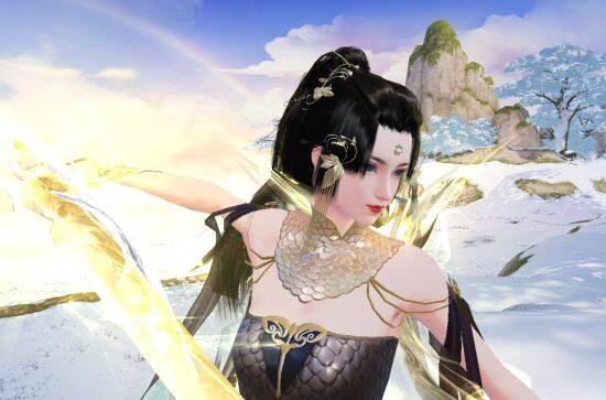 武运女脸模搭配黑色长裙在雪地舞剑的另一视角图