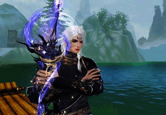 武运男脸模搭配黑袍泛舟湖上图