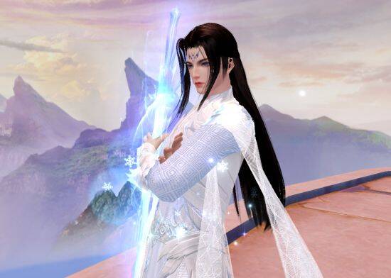 武运男脸模搭配月照梨花软甲抱剑而立的另一视角图