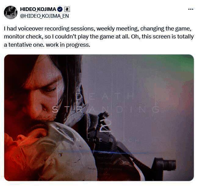 《死亡搁浅2》主菜单界面截图，背景是主角山姆亲吻婴儿