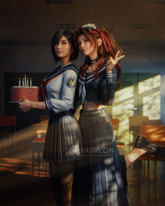 《最终幻想 7》黑丝 JK 蒂法和爱丽丝 3D 美图