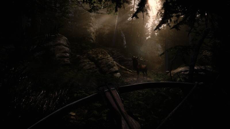 《天国：拯救2》主角狩猎截图，有茂密森林、持十字弓主角和即将被射杀的鹿