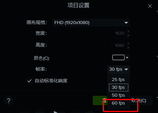 Camtasia项目设置帧率调整界面
