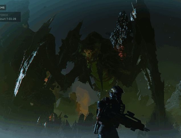 玩家使用轨道打击攻击吐酸泰坦,画面充满爆炸特效