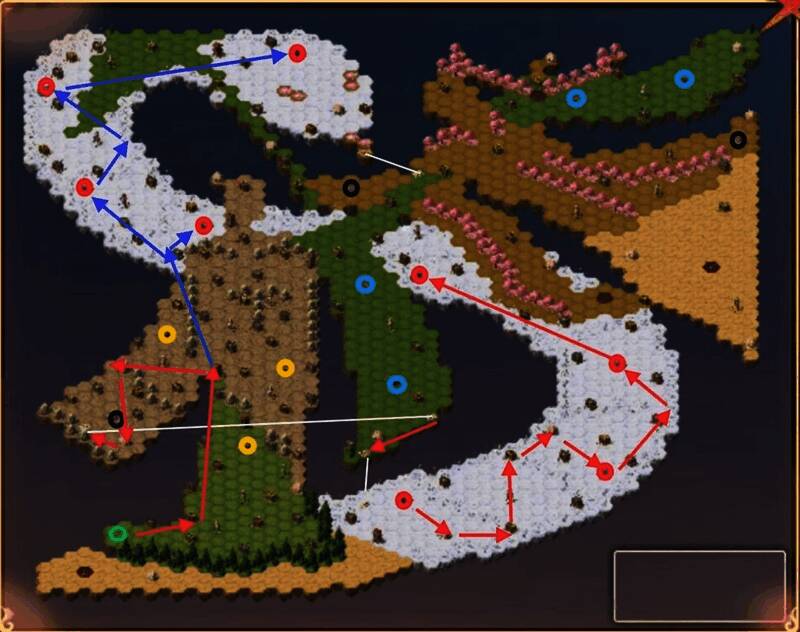 地图上用箭头标示了各小队的初步探索方向