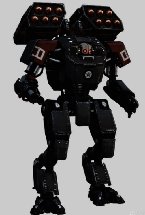 两名机器人协同作战场景，左侧为机枪单位，右侧为火箭单位，地面可见弹坑与烟尘效果