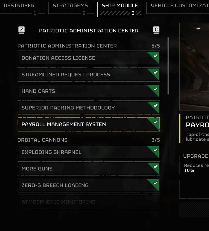 玩家飞船自定义改装界面截图，展示多种可升级模块选项