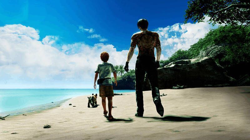 真岛与诺亚在海边对话,远处是即将启航的海盗船