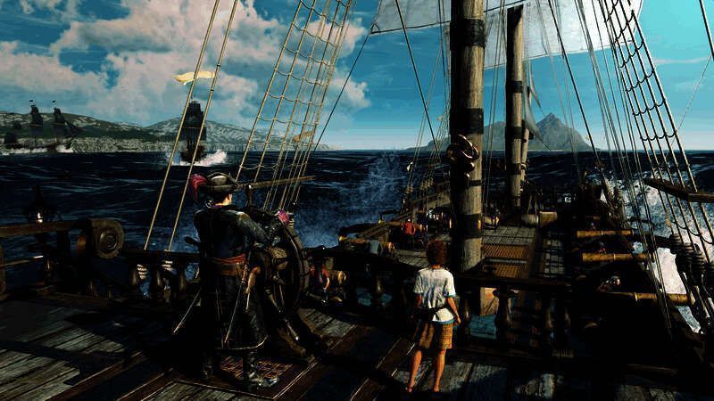 海盗船之间激烈的炮击战场景,火光四射,海浪翻腾