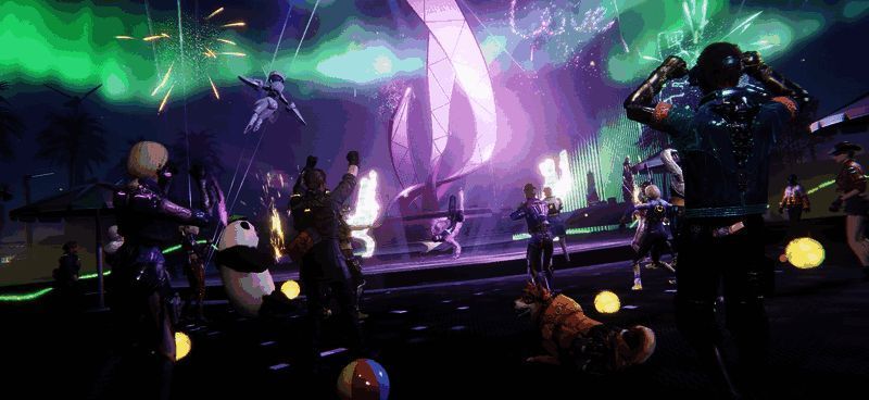 玩家在人工岛上举办篝火晚会的多人互动场景