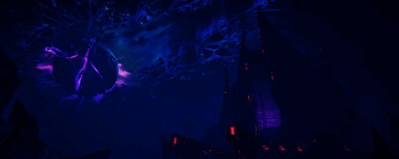 《无主之地4》魔女维克丝角色立绘，身穿暗黑风战斗服，手持法杖散发紫色能量