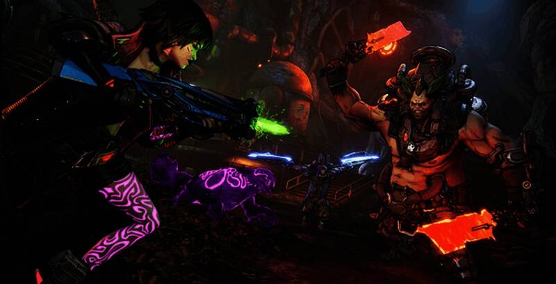 《无主之地4》角色战斗场景,四位秘藏猎人并肩作战