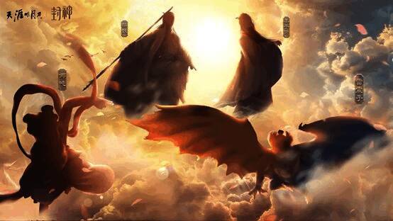 封神台场景原画,天空中漂浮着巨大神殿,四位神将矗立其中