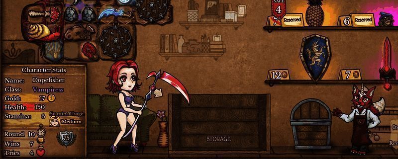 《背包乱斗:福西法的宝藏》游戏中收割者职业战斗画面,角色手持毒属性武器,周围环绕各类道具图标