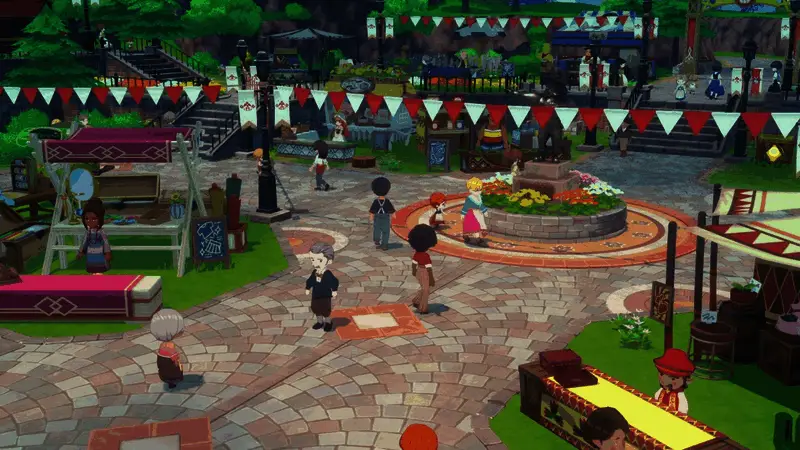 集市热闹场景，多个摊位同时营业，顾客络绎不绝