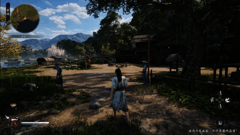 主角手持长剑御风飞行于山川之间，身后剑气纵横