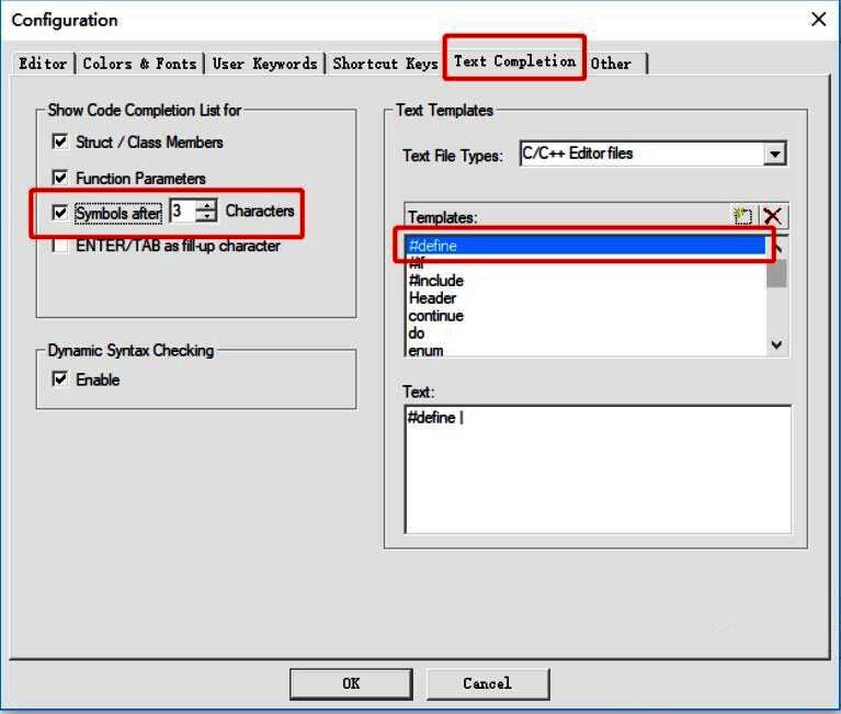 Text Complation设置页面，Symbols after 2 Characters复选框已被勾选