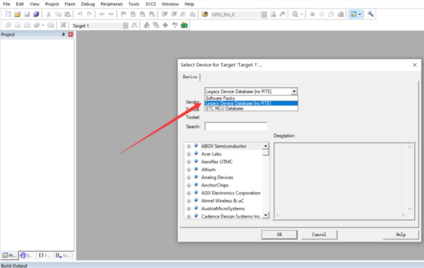 芯片选择窗口，左侧为厂商列表，右侧为具体芯片型号
