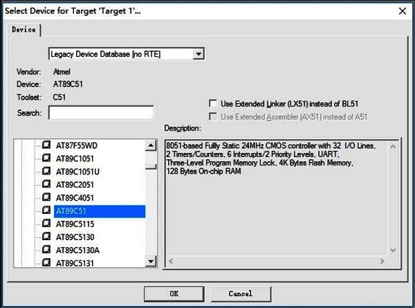 Keil uVision 5选择单片机型号界面截图，展示多种可选芯片列表