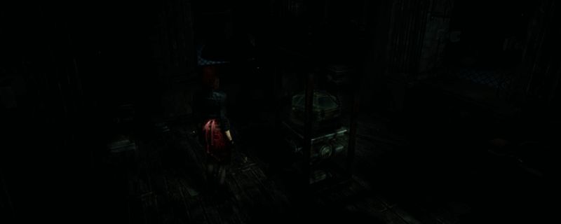 游戏中阴森诡异的场景描绘，昏暗灯光下角色手持手电筒探索未知区域