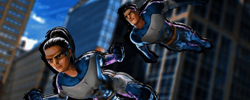 《超级英雄模拟器》游戏封面，展示主角在城市上空飞翔的场景