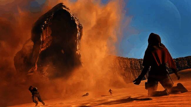 《沙丘:觉醒》游戏战斗画面,空中单位俯冲攻击地面部队