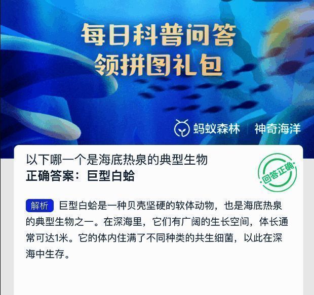 答题界面显示今日问题及选项,突出正确答案‘巨型白蛤’