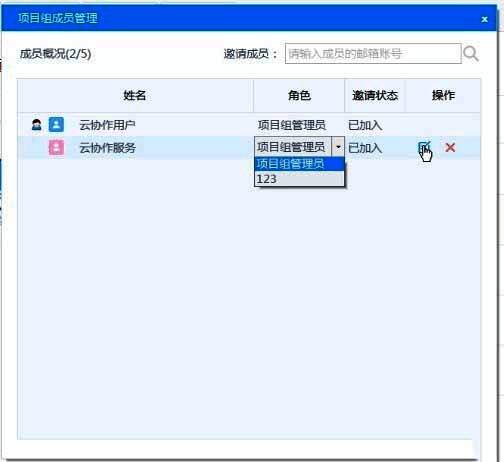 项目成员管理界面截图,显示当前团队成员列表及操作按钮