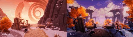 地图优化前后对比图,凸显光影与材质变化