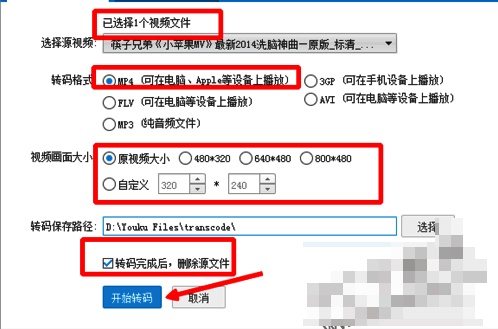 转码设置界面截图,展示格式和尺寸选择选项