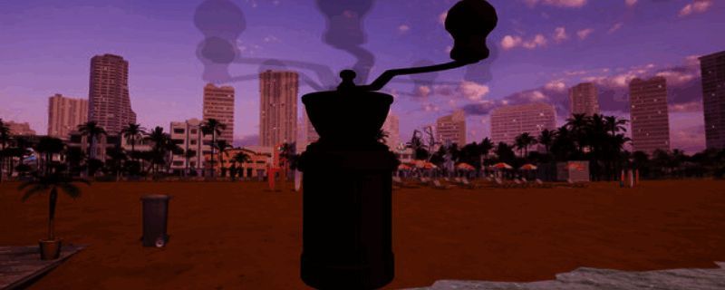 《海滩酒吧模拟器》游戏场景截图,阳光洒落在沙滩边的吧台上,海浪轻拍岸边,整体画面风格轻松休闲