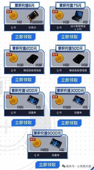 充值返利活动页面,详细列出各档位奖励标准