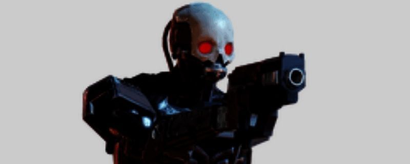 机械统帅手持激光手枪,正在瞄准目标,背景为科幻战场环境