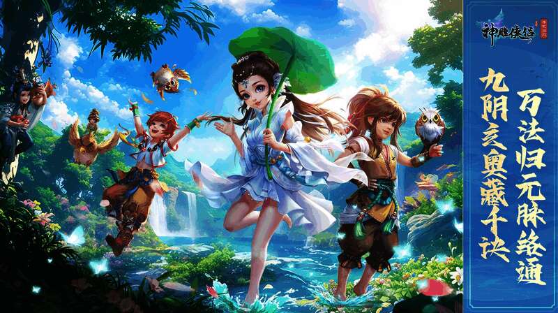 游戏场景展示九阴真经卷轴缓缓展开,金色文字浮现在空中,周围环绕着武林高手